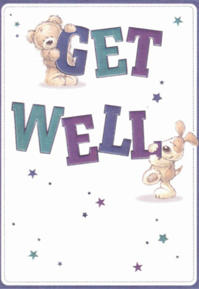 A vivid scene of encouragement and comfort, this illustrated get well card brings to mind the comforting strolls through Brunswick Park's leafy paths. Two adorable figures-a gentle teddy bear and an exuberant puppy-share centre stage, their soft, textured fur almost tangible to the eye. The bear, perched atop the word 'GET', and the puppy, leaning with playful energy on 'WELL', are framed by luminous stars in various shades of blue and lilac, each one sparkling against a clean, creamy backdrop. The typography, painted boldly in purples and aquas, grounds the composition with cheerful confidence-echoing the supportive spirit found among neighbours at local markets and gatherings. The scene is imbued with lightness and care, much like the airy arrangements we craft in our Brunswick Park shop, where every element, from fragrant greenery to velvety petals, is selected to lift a recipient's spirits. This card, marrying whimsical art with a heartfelt message, becomes more than a gesture-it is a dose of genuine reassurance, perfect to accompany a get well bouquet when sending warmth and hope across the local community.