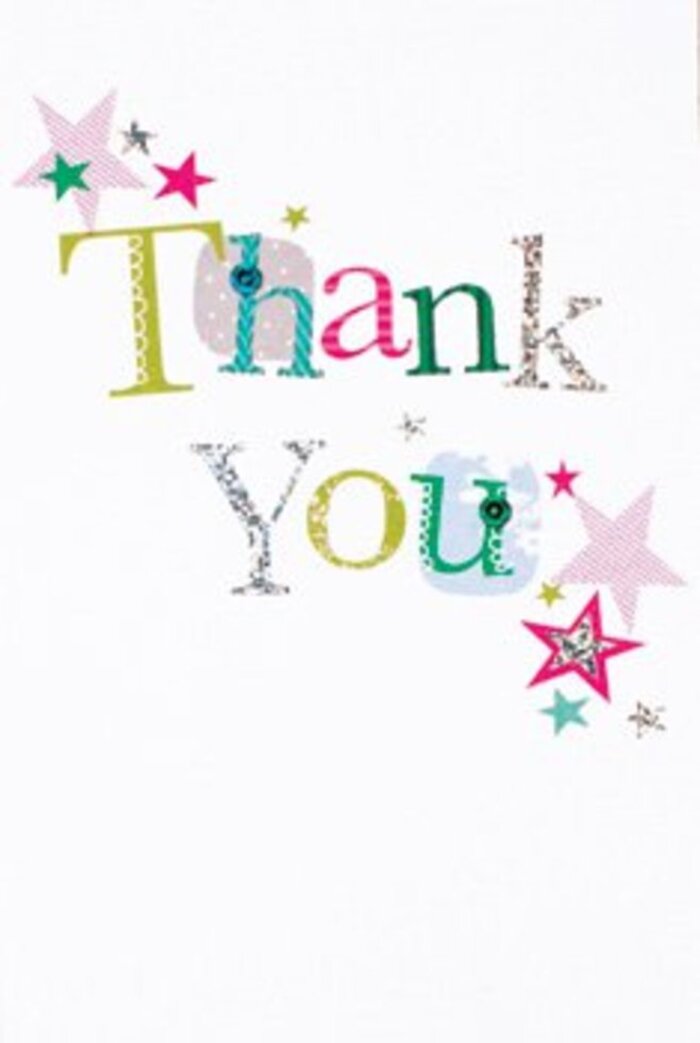 The artful composition of this thank you card carries a quietly exuberant charm, much like a gentle afternoon gathering in Brunswick Park's leafy avenues. The hand-rendered letters curve and spiral gracefully across a crisp white stage; some feature playful spots and whimsical shapes, while others are near-musical in their elegant flow. Every letter wears its own personality-sunny yellows, bold silvers, spirited greens-lifted further by finely stitched motifs and soft polka dots. Scattered nearby, vibrant stars shimmer in sparkling pink, deep turquoise, and pale silver, their clustered arrangement reminiscent of the twinkling lights that dot Brunswick Park's evening sky. The overall design feels both airy and refined, a balance of modern creativity and classic warmth. This card is neither overly formal nor casual-it's designed to feel universally heartfelt, a gesture of gratitude as uplifting as a bouquet hand-tied by your local Brunswick Park florist. Paired with fresh flowers, it brings a sense of joy and community spirit that lingers long after delivery.